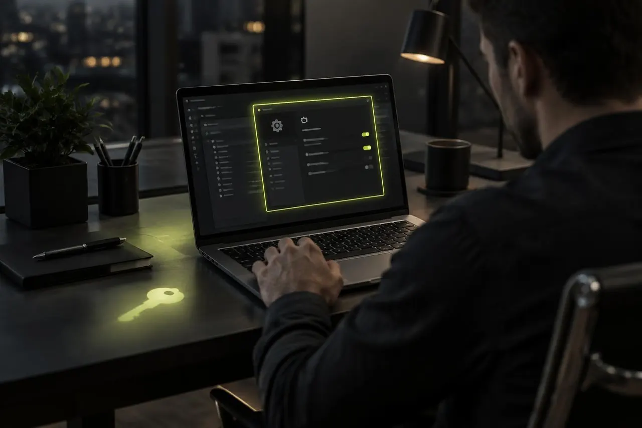 Employee seen from behind working on a laptop in a dark office, with a system settings window outlined in lime green on the screen and a glowing key reflected on the desk