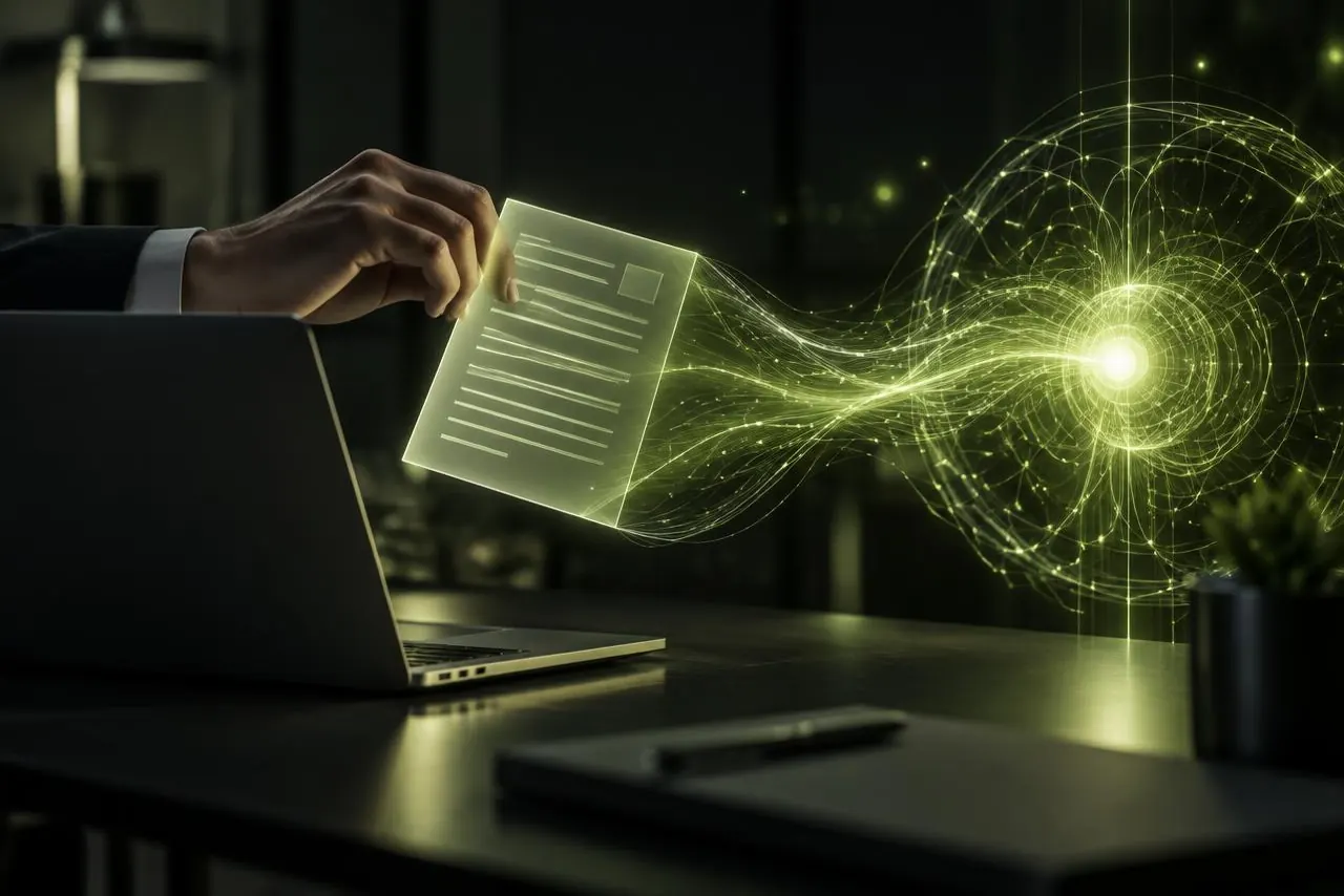 Hand transferring a glowing document from a laptop towards an artificial intelligence core in a dark office