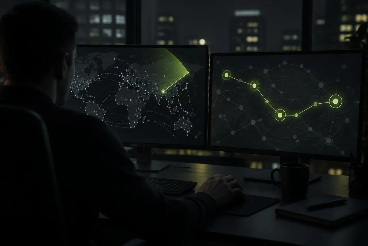 Cybersecurity analyst’s workstation in a dark office, with two screens showing a network map swept in lime green and a highlighted simulated attack path