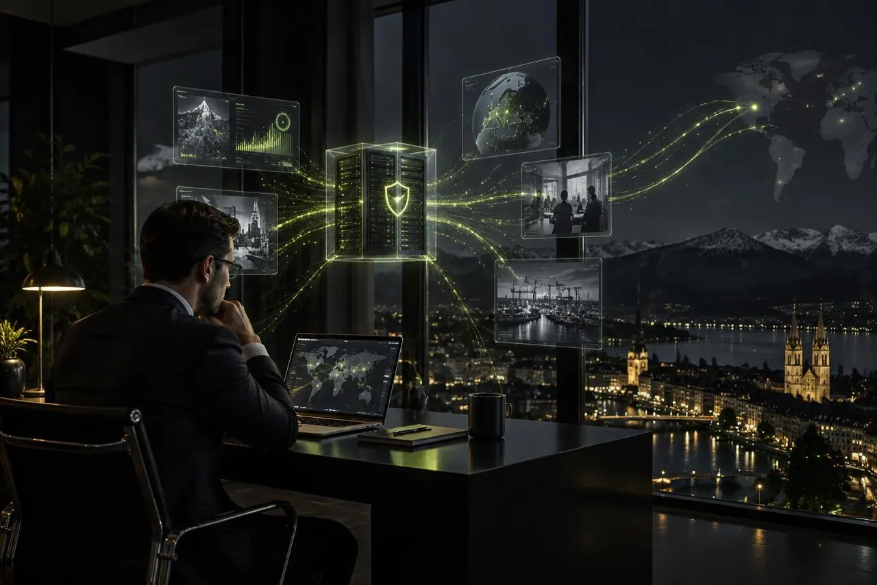 Professional in a dark office in Zurich, surrounded by digital flows and AI tool screens drifting away from a secured central server