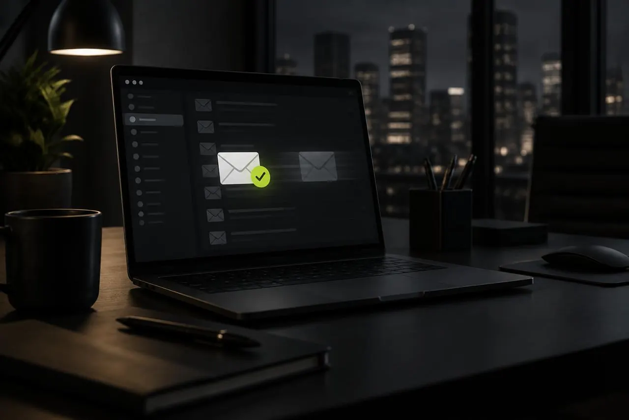 Laptop in a dark office showing an email inbox, with one message authenticated by a lime green seal and a translucent copy drifting away