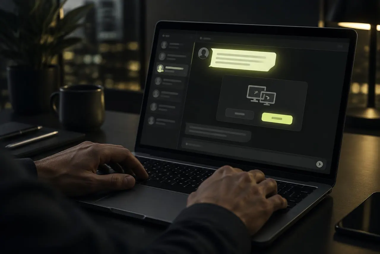 An employee’s hands on a laptop in a dark office, with a messaging window showing an incoming message highlighted in lime green and a screen-sharing request